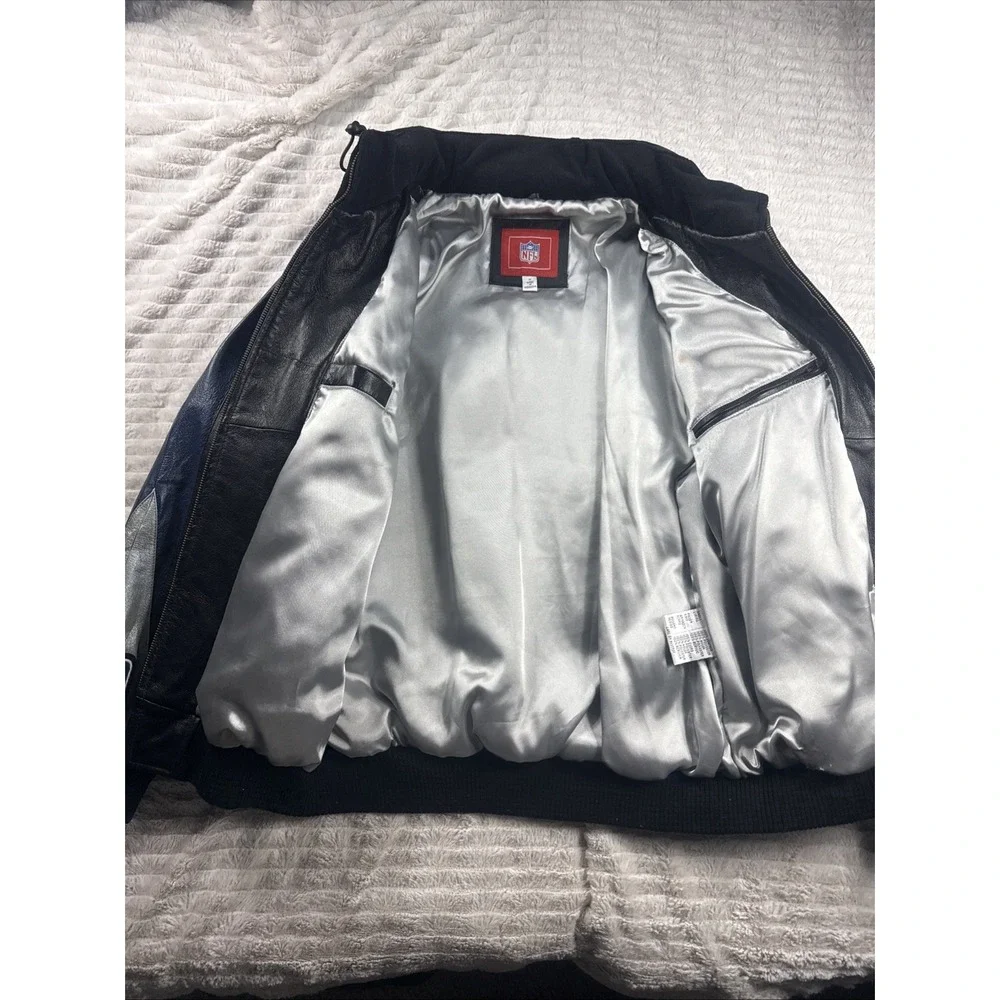 NFL New England Patriots Mens Medium Black Genuine Leather Bomber Jacket EUC